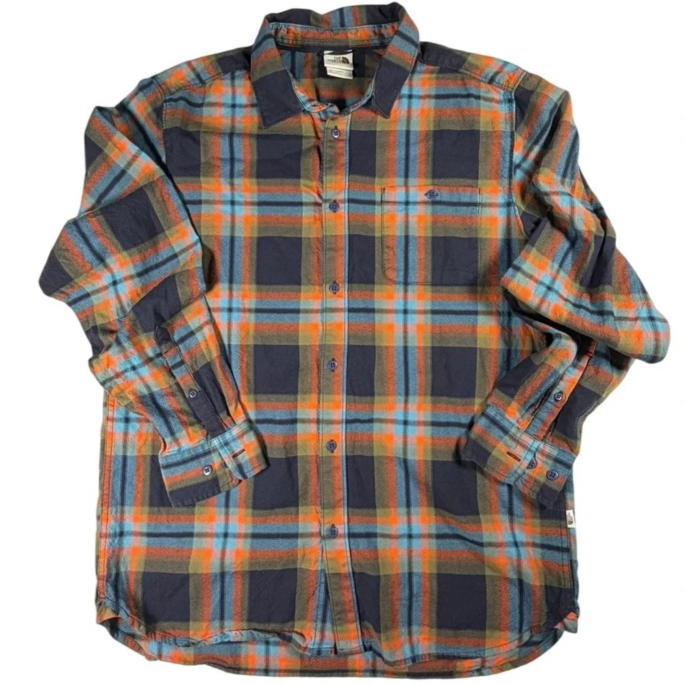 The North Face Mens L Orange/Navy Blue Plaid 100% Cotton Flannel Long Sleeve